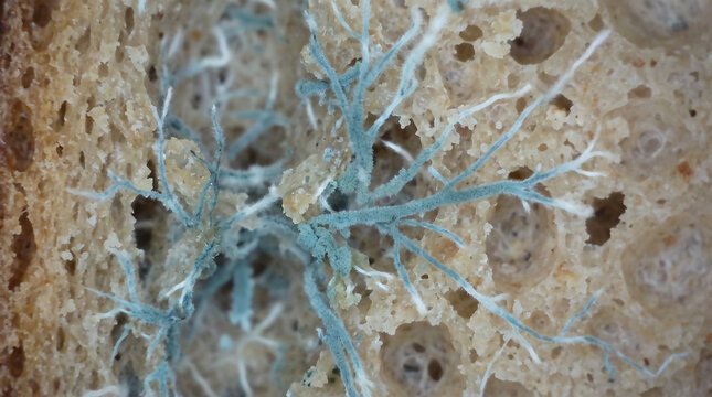 Microscopic View of Blue Mold Branching Filaments Growing on Spoiled Bread Surface. Concept of fungus, macro, mycelium, hyphae.