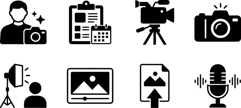 Collection of black and white icons representing photography videography and audio production