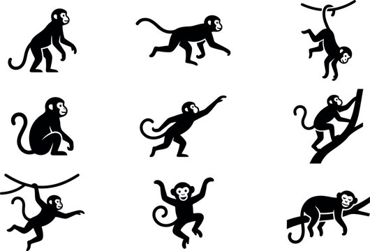 Collection of playful monkey silhouettes in various dynamic poses and positions