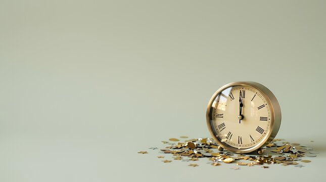 金色の紙吹雪と午前0時を示すカウントダウン時計