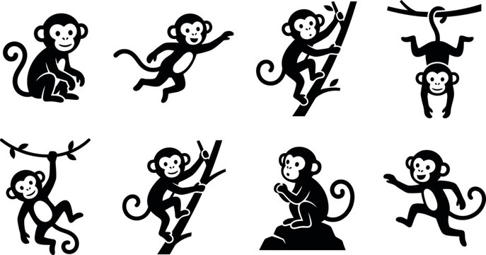 Collection of playful monkey illustrations in various poses on a white background