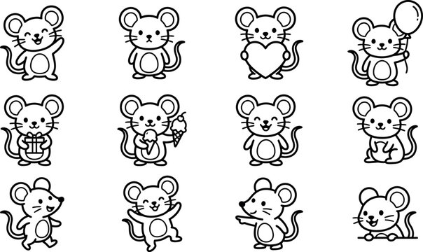 Cute cartoon mice stickers or icons set with different poses and expressions