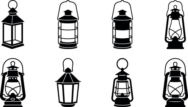 Collection of vintage kerosene lanterns in black and white line art style