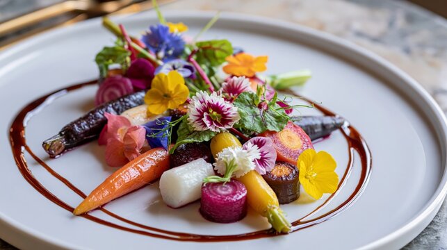 Fine dining vegan plate with artistic vegetable arrangement, edible flowers, microgreens, and elegant sauce presentation, high-end restaurant aesthetic