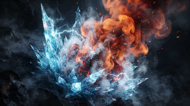 Epic clash of elemental forces with glowing blue ice crystals shattering under the intense heat of raging fire and bright lightning strikes