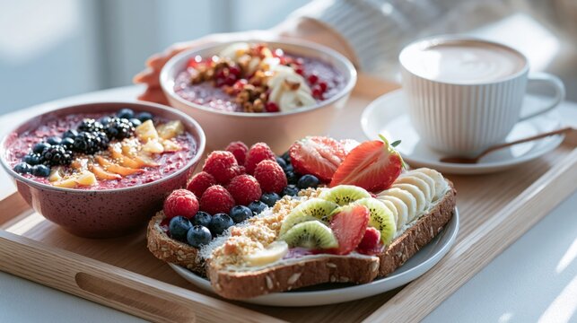 Modern vegan breakfast setup with smoothie bowls, chia pudding, fruit toast, oat milk latte