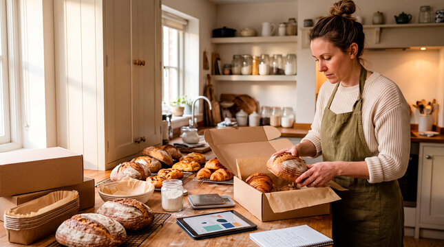 Baker packing subscription boxes in cozy kitchen for bakery delivery