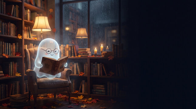 Cute ghost reading a book in a cozy library for Halloween celebration