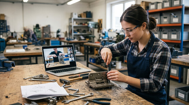 Young apprentice repairing metal part in workshop during online video lesson. Concept of vocational learner, vocational training, online learning, female mechanic, webinar.