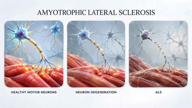 AI generated Amyotrophic Lateral Sclerosis ALS Progression Diagram of Motor Neuron Degeneration and Muscle Atrophy