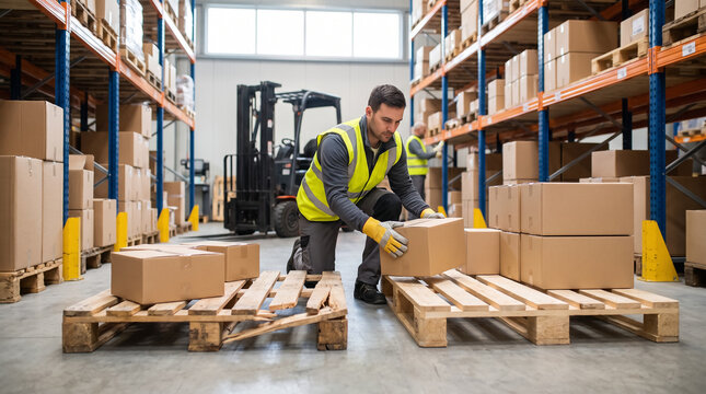 Warehouse worker restacking cardboard boxes from damaged wooden pallet to new one. Concept of logistics, stockroom.