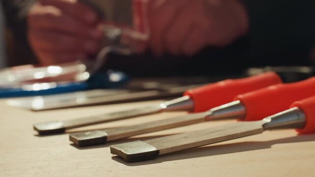Close up view shows hands selecting and using various red handled woodworking chisels on wooden surface. focus remains consistently on tools highlighting their arrangement as they are chosen