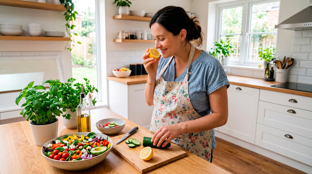Woman preparing fresh salad in bright kitchen for healthy eating