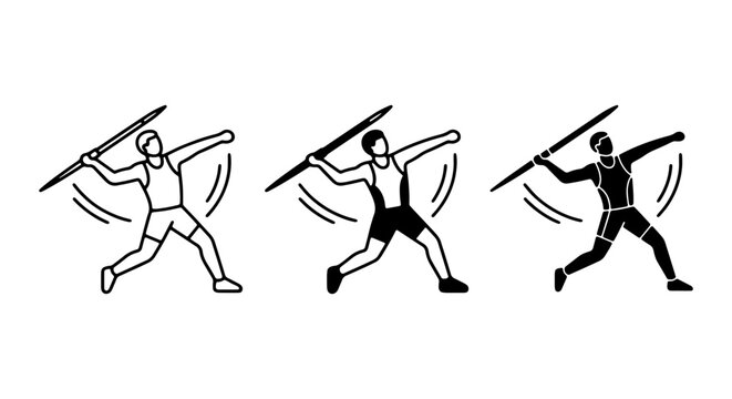 Javelin thrower athletes are depicted in action poses across three graphic design variations.