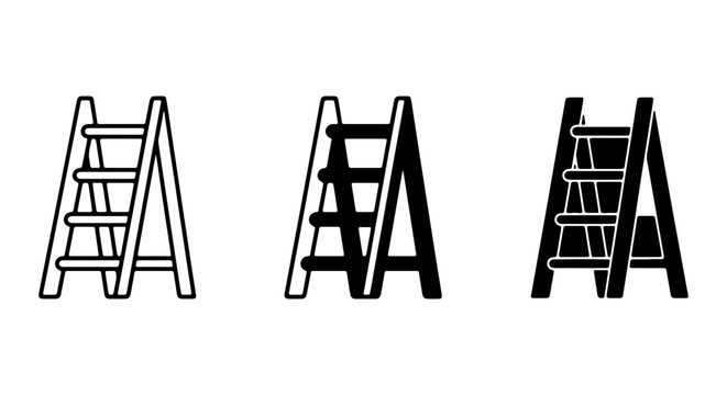 Three styles of a folding stepladder icon are displayed on a white background.