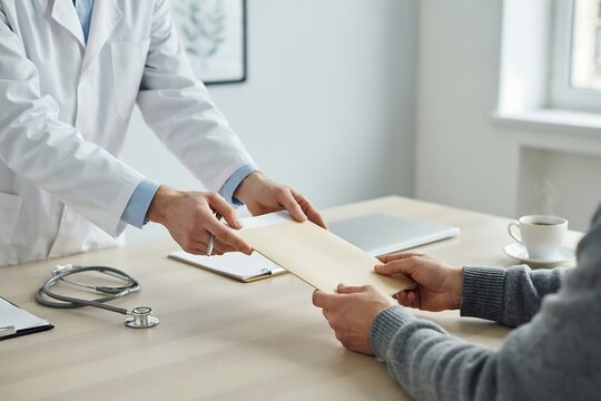 Doctor in white lab coat handing over medical document to patient in clinic office with stethoscope on wooden desk during health consultation