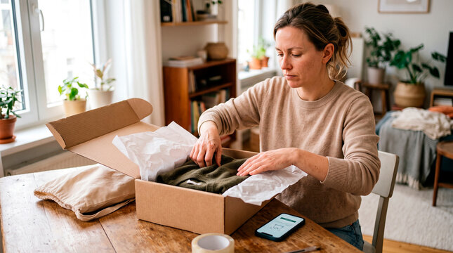 Woman packing clothing for return in home environment for online