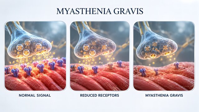 AI generated medical illustration of Myasthenia Gravis showing neuromuscular junction and receptor reduction