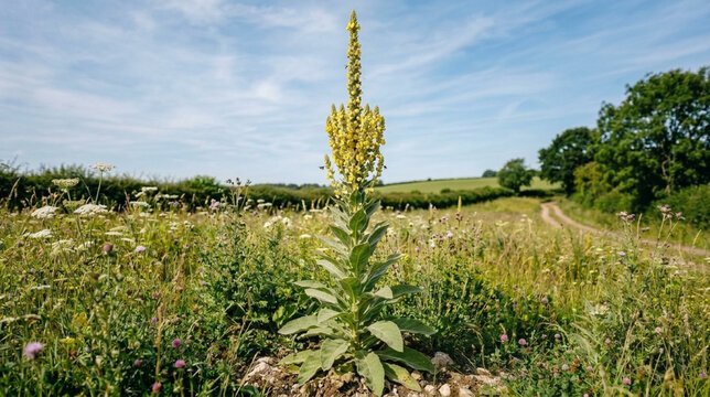 Tall Mullein flower blooming in a sunny meadow with green fields and blue sky