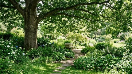 Obraz premium Tranquil Garden Path Under Ancient Oak Tree Shade Lush Greenery and Wooden Bench