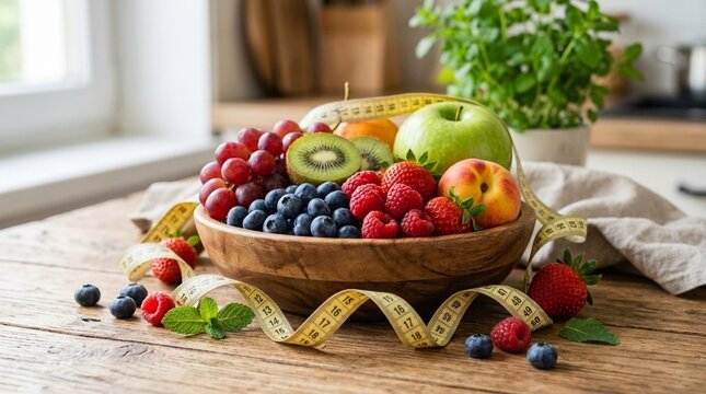 Vibrant Assortment of Fresh Fruits and Measuring Tape Healthy Lifestyle Concept