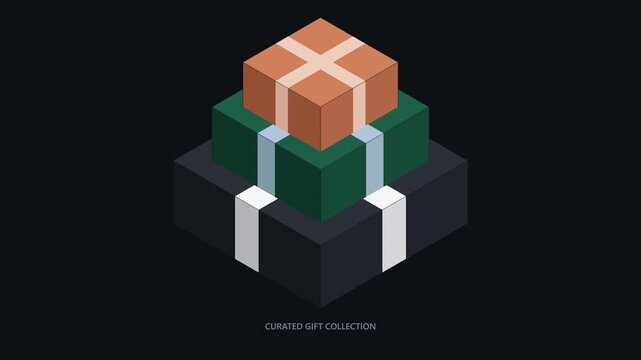 Minimalist isometric vector illustration of a stack of wrapped gift boxes on a dark background