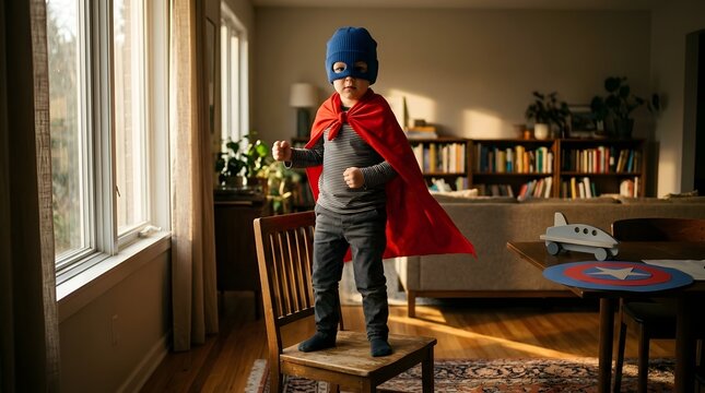Young Boy Pretending To Be A Superhero In Red Cape At Home