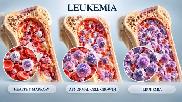 AI generated medical illustration of leukemia progression from healthy bone marrow to abnormal cell growth