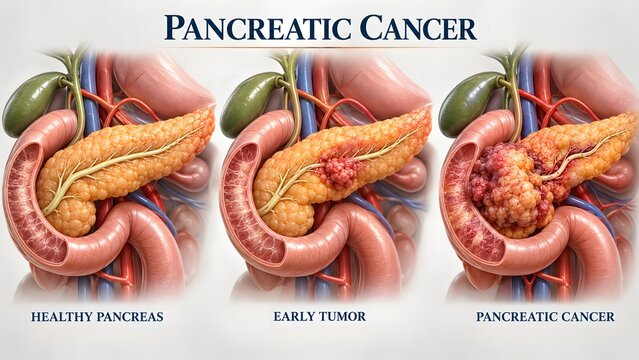 AI generated anatomical diagram of pancreatic cancer progression comparing healthy pancreas to early and late tumors.