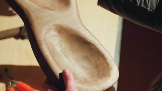 Close up shows hands examining finished wooden joinery details on workbench. smooth shaped wood reveals natural grain patterns as tools and workshop elements are visible in background
