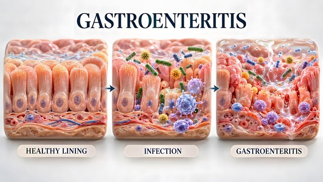 AI generated medical illustration of gastroenteritis stages from healthy intestinal lining to bacterial infection
