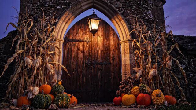 Rustic wooden door of a stone building decorated with autumn pumpkins gourds and dried corn stalks for a cozy harvest festival or Halloween night