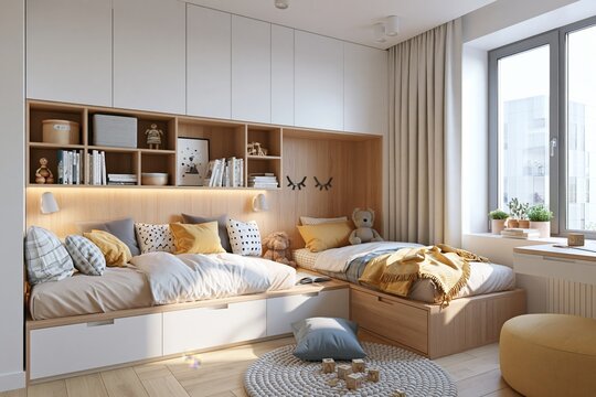 Small shared bedroom for two children in a modern apartment, smart storage solutions, minimalist Scandinavian aesthetic