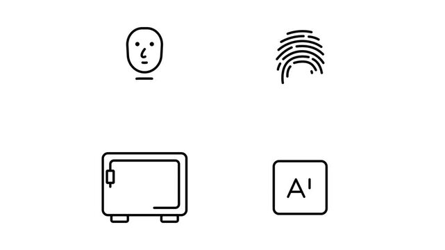 Biometric security icon pack with face recognition, fingerprint scanner, safe box and AI chip drawing reveal for presentations on transparent background