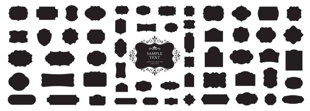 Set of black vintage label silhouettes with ornate decorative frame, calligraphic flourishes and swirls, isolated on white background, retro badge and banner shapes for design