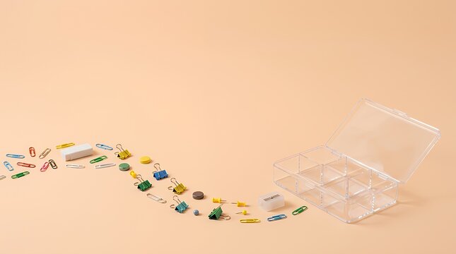カラフルな文房具と透明収納ケース
