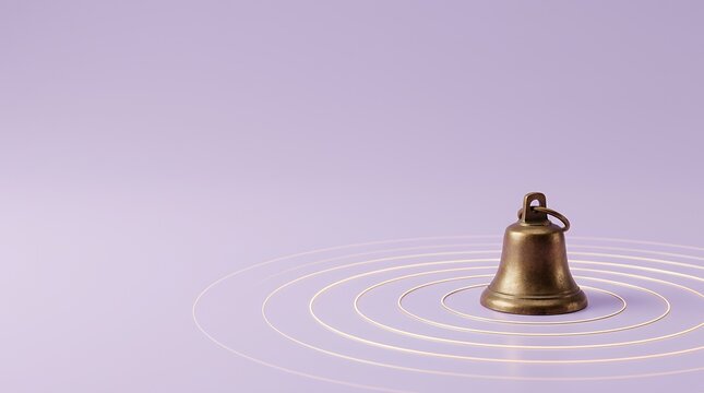 紫背景に広がる音波とブロンズの鐘