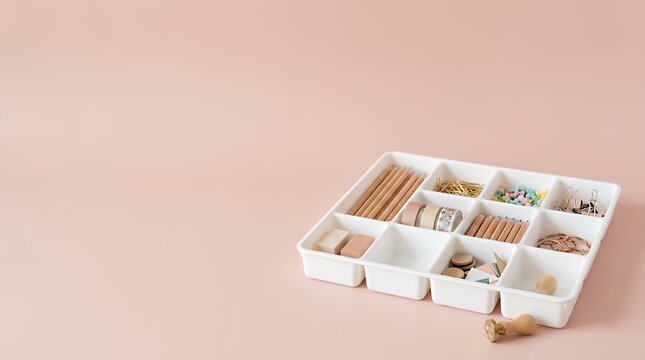 ピンク背景の文房具整理トレー