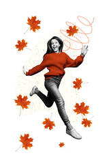Fototapeta premium Composite trend artwork image collage of copyspace autumn season fall weather outdoors nature young woman smile beautiful model jump happy