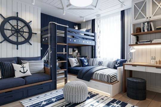 Stylish nautical-themed kids room for two boys, navy blue and white palette, ship-inspired decor, bunk beds, cozy modern interior
