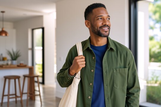 Smiling handsome black man standing in a modern home interior. Young adult with canvas tote bag looking away