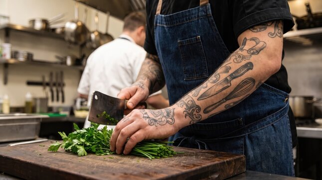 Professional chef with tattooed arms chopping fresh green herbs on a wooden cutting board in a restaurant kitchen