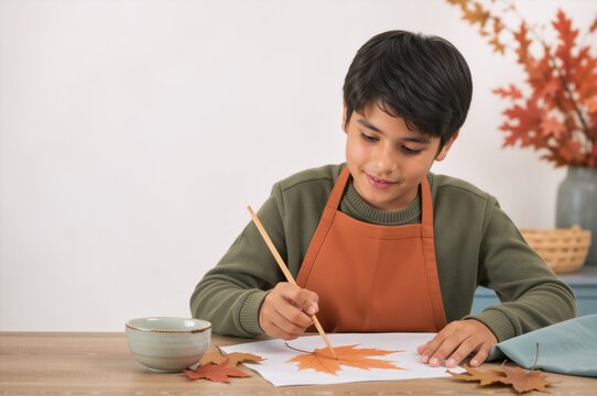 Young boy painting autumn leaf on paper at wooden table. Child doing fall craft activity in workshop or art class