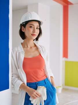 Vertical portrait of female architect in hardhat indoors. Confident young woman interior designer holding work gloves during house renovation project