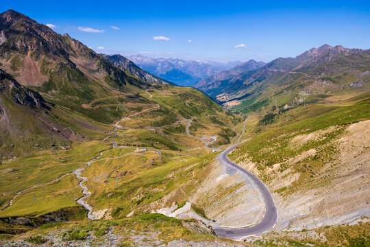 View of the Bar&egrave;ges valley and the road winding towards the Col du Tourmalet in summer