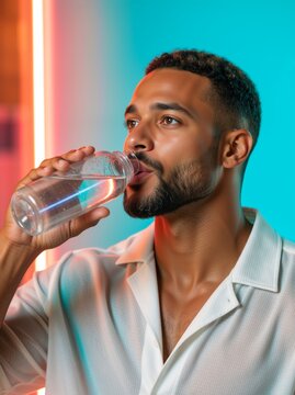 Young man drinking water from a clear bottle. Handsome male portrait with vibrant neon lighting. Hydration and healthy lifestyle concept