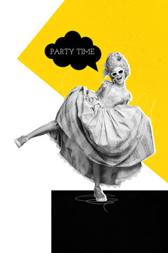 Trend artwork banner sketch 3D photo collage of baroque style vintage corset marie antoinette court young lady smile dance say party time