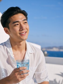 Happy Asian man holding a blue glass of water on a sunny day. Smiling male tourist in a white shirt enjoying a summer vacation at a coastal resort. Healthy hydration and travel lifestyle