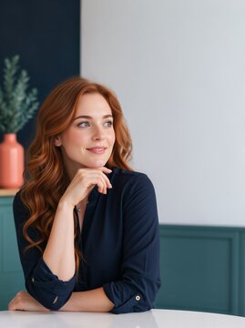 Thoughtful young woman with red hair sitting at a table. Smiling female relaxing in a modern interior setting