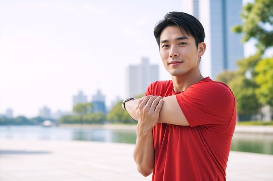 Young Asian man stretching his arm outdoors before a workout. Fit male athlete in a red t-shirt exercising in a city park with skyline background. Health and fitness concept